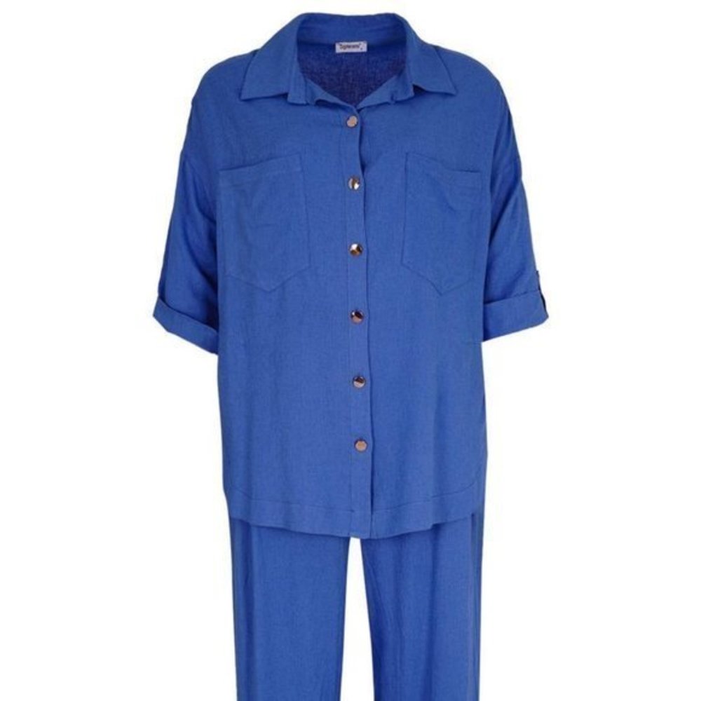 New Designer Blue Linen Pant’s Suit Set With Buttons Elegant  L XL SALE